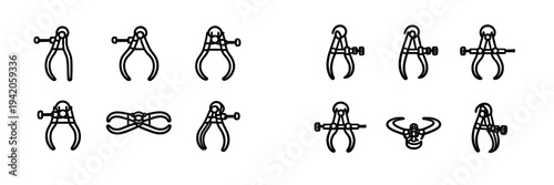 Collection of black line icons representing various calipers and dividers for precision measurement and engineering drafting