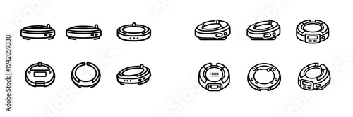 Collection of smart home robot vacuum cleaner line icons featuring various views and designs for domestic cleaning automation