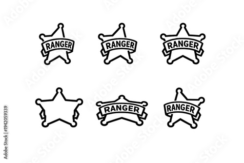 Black and white ranger star badges with banners for law enforcement and western security concepts isolated on white background