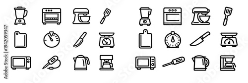 Collection of kitchen appliance and cooking tool line icons including blender oven mixer and microwave on white background