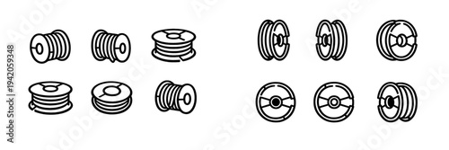 Set of black line icons showing various spools and reels for industrial wire or 3D printing filament on a white background