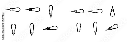 Set of leatherworking awl icons in different angles and perspectives for craft and DIY projects on white background