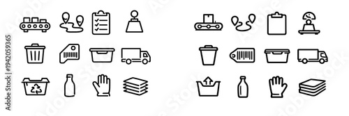 Logistics and waste management line icon set featuring delivery truck recycling bin conveyor belt and storage containers for industrial use