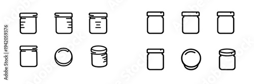 Set of minimalist line icons representing glass jars and storage containers for kitchen or laboratory use with measurement scales