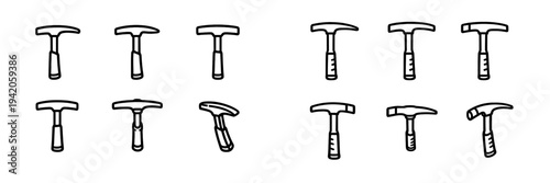 Set of various hammer and pickaxe icons for construction and mining work isolated on white background
