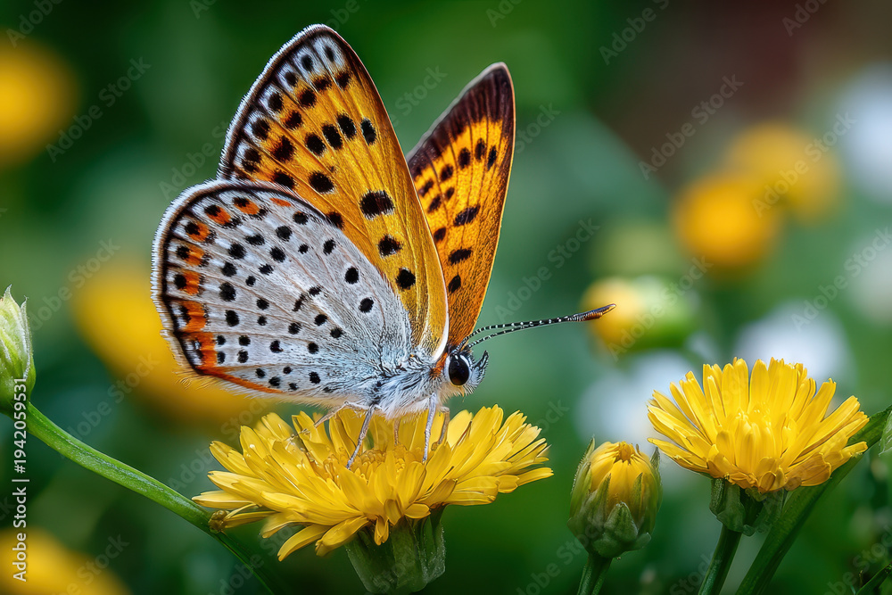 Obraz premium Butterfly with orange and white wings on yellow flower