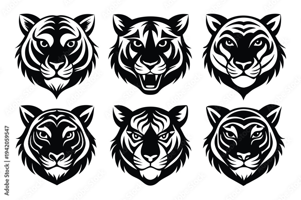 Fototapeta premium set of simple tiger head silhouette line art vector illustration with a white background