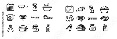 Pet grooming and care line icon set featuring bathtub brush collar leash and carrier for domestic animals