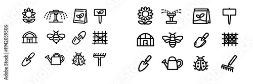 Gardening and farming line icon set featuring sunflower sprinkler greenhouse bee trowel watering can ladybug and rake on white background