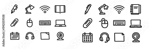 Collection of minimalist black line icons representing workspace technology and education tools on a white background