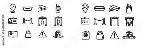 Security checkpoint and airport travel icons including metal detector surveillance camera passport and identification badge