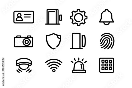 Security and surveillance line icons including camera fingerprint shield and alarm system symbols for protection and safety