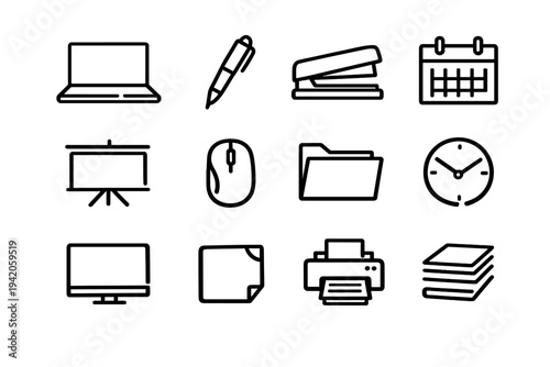 Set of equipment and stationery line icons including laptop pen stapler calendar mouse folder clock monitor printer and paper