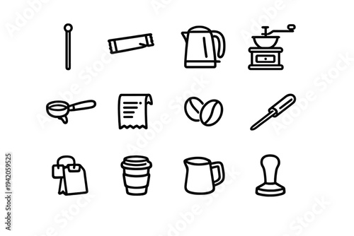 Minimalist coffee shop and barista equipment line icons set featuring grinder kettle beans and takeaway cup on white background