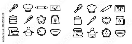 Kitchen tools and baking equipment line icons including whisk rolling pin chef hat and stand mixer on white background