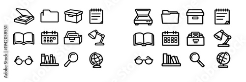 And library line icons including scanner folder box notepad book calendar box desk lamp glasses bookshelf and globe