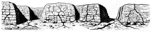 Hand drawn sketch of ancient stone walls and ruins in a desert landscape