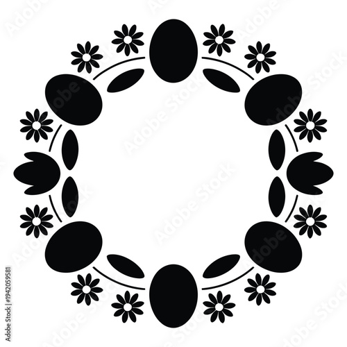 Easter Egg Floral Wreath Silhouette Vector – Black and White Circular Frame with Flowers and Eggs for Spring Holiday Design, Greeting Cards, Invitations, Crafts, and Decorations