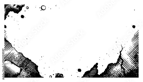 Vintage grunge frame with hand drawn crosshatch textures and ink splatters