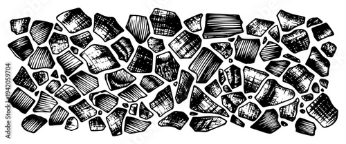 Set of hand drawn broken rocks and stone fragments in woodcut engraving style