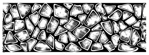 Seamless pattern of hand drawn cobblestone or rock wall texture in woodcut style