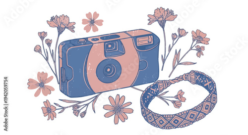 A delicate, hand-drawn vector illustration of a retro analog camera surrounded by blooming cosmos flowers and a traditional diamond-patterned friendship bracelet camera strap. 