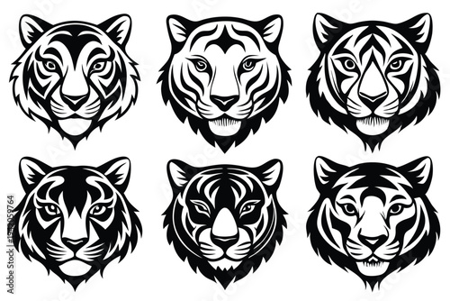 set of simple tiger head silhouette line art vector illustration with a white background