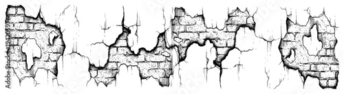 Broken brick wall texture with cracks and missing pieces in woodcut engraving style