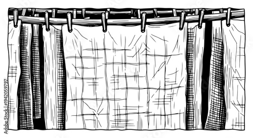 Hand drawn vintage curtains or fabric draped on a rod with detailed folds