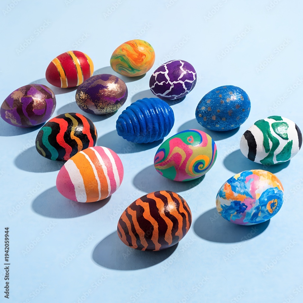 Fototapeta premium A collection of colorful hand-painted Easter eggs on a blue background.