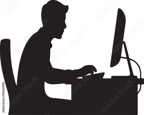 Office worker typing on computer workstation vector silhouette
