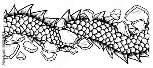 Stylized dragon scale pattern with dorsal fins and floating stone fragments