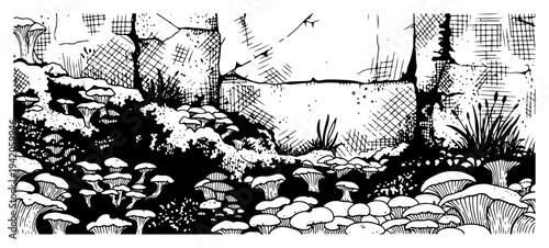 Detailed hand drawn sketch of wild mushrooms growing near ancient stone ruins