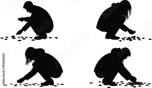Children picking leaves from ground silhouette set, kids exploring nature outdoor activity, environmental learning vector illustration isolated