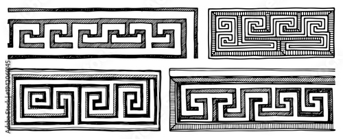 Collection of traditional greek meander fret border patterns in vintage engraving style