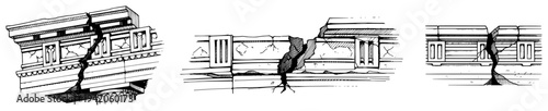 Detailed hand drawn sketches of cracked classical building facades and architectural ruins