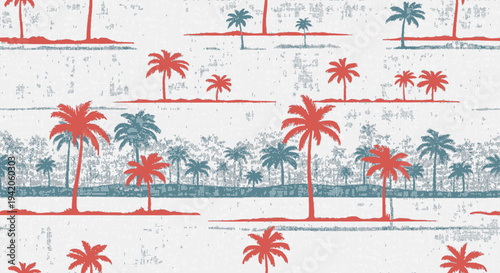 Vector tropical palm tree pattern, red and blue on white background