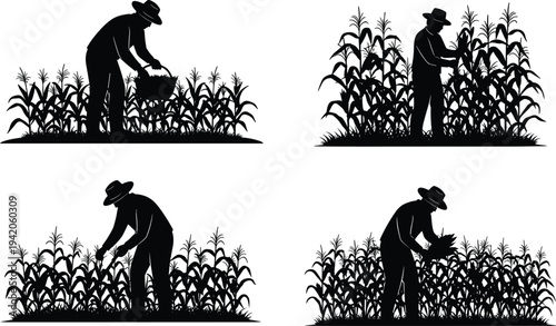 Farmer working in corn field silhouette set, agriculture harvesting farming activity rural countryside vector illustration isolated