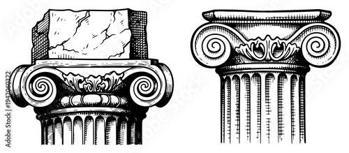 Classical ionic column capitals with architectural decorative scroll details