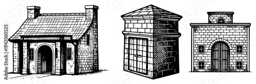 Collection of hand drawn architectural stone buildings and medieval structures
