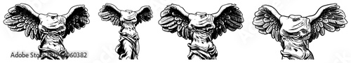 Collection of ancient Greek winged torso sculptures in vintage engraving style