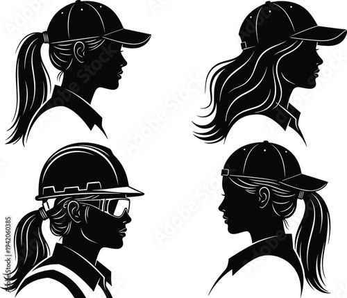 Female worker profile silhouette wearing cap and safety helmet, professional woman construction engineer avatar set, black vector illustration isolated