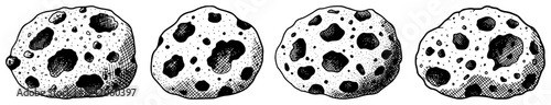 Set of four porous volcanic rocks or meteorites with deep craters in engraving style