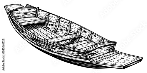 Vintage hand drawn engraving of a traditional wooden rowing boat or sampan vessel