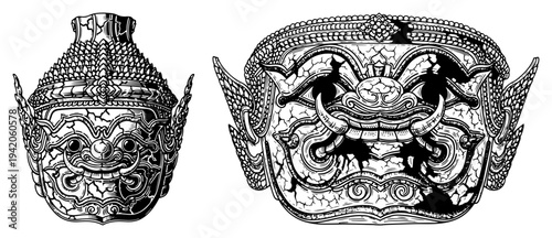 Pair of hand drawn traditional Thai Yaksha giant masks in detailed engraving style