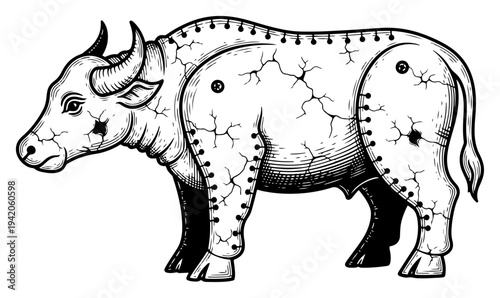 Mechanical stone buffalo statue with cracks and rivets in vintage engraving style