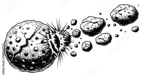 Large asteroid or planet exploding into small rocky fragments in detailed engraving style