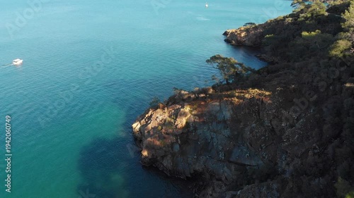 Aerial view of Fethiye coastal town, mountains and turquoise Mediterranean sea, Turkey, ab01