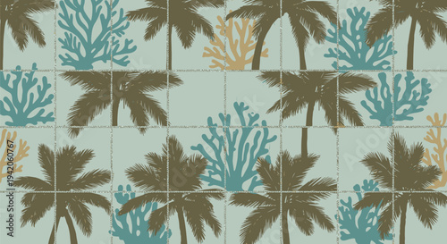 Vector seamless pattern of palm trees and coral