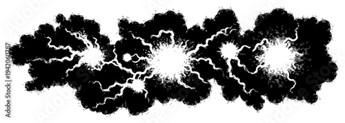 Horizontal border illustration of dark stormy clouds with crackling lightning energy